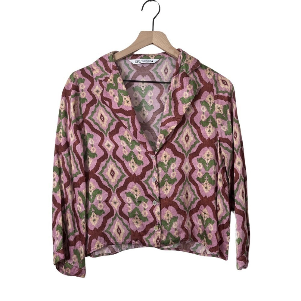 EUC ZARA BLOUSE 👚 PINK AND GREEN SILKY SZ.M - Picture 2 of 5